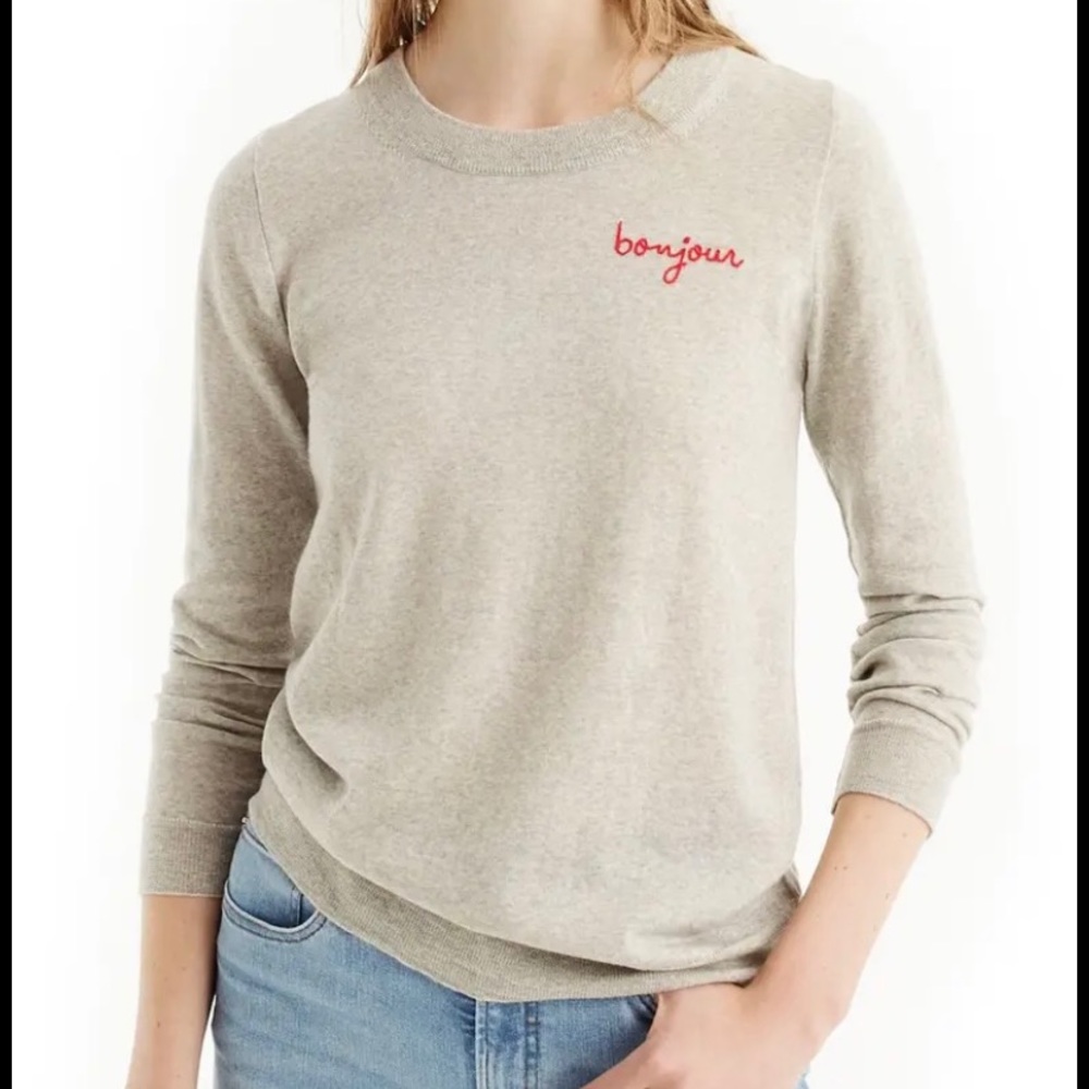 J Crew embroidered “Bonjour” sweater